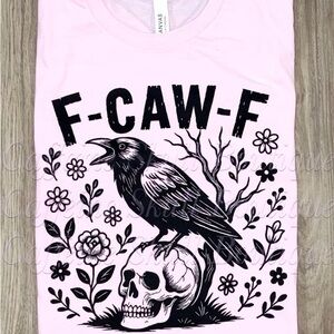 Bella Canvas Pink Short Sleeve Tee with Black Raven Skull Graphic f-caw-f
